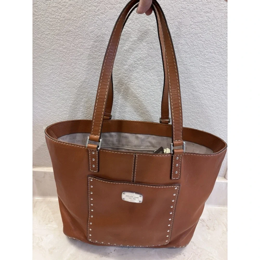 Michael Kors Astor Large Luggage Brown  Leather Studded Tote Bag - Picture 2 of 16